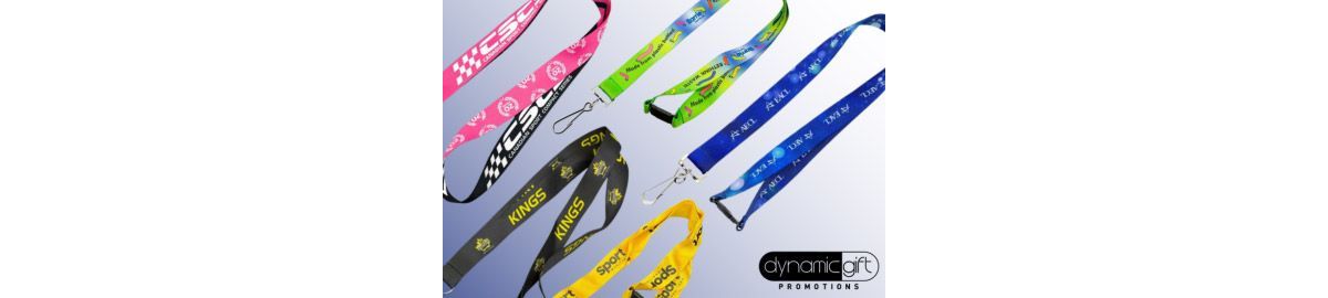 Custom lanyards in different colours on display with printed logos promoting lanyards for businesses and events in Ontario, Canada.