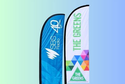 Custom feather flags promoting brand visibility.