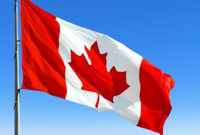 A Canadian flag against a blue sky beside text for discovering top promotional items made in Canada.