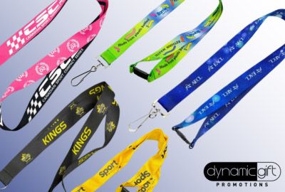 Custom lanyards in different colours on display with printed logos promoting lanyards for businesses and events in Ontario, Canada.