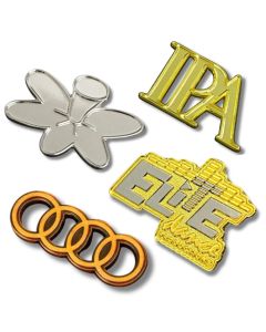 Three moulded and polished custom metal lapel pins in different metal finish options and one lapel pin badge back.