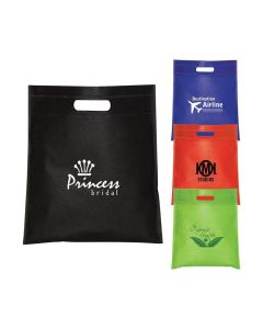 A custom branded non woven cut handle tote. The tradeshow bag is royal blue with a white logo.