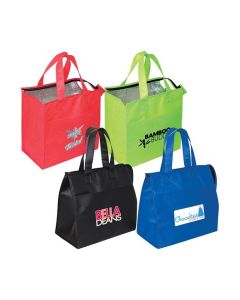 A custom logo non woven insulated grocery tote. The bag is black with a pink and white custom print.