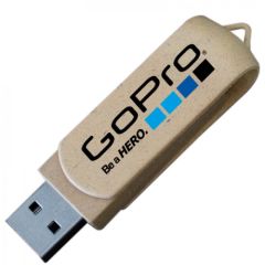 A custom printed eco-friendly USB swivel drive made with a high density paper exterior. The body has a black and blue print.