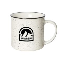350mL white speckled mug with black rim and logo