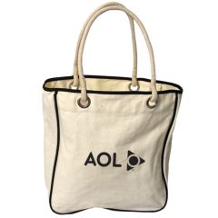 A custom branded rope tote bag made from cotton canvas. It has black trim and is printed with a printed black logo.