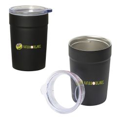 two black metal 360mL tumbler/insulator combos with clear lids showing one lid uncapped and both with full colour logos