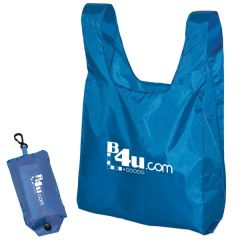 A blue custom printed folding tote bag that is open beside the same bag, folded. Both bags have white print.