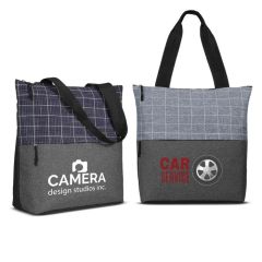 Two custom printed tote bags. Both bags have flannel check accents and custom printed logos.