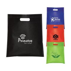 A custom branded non woven cut handle tote. The tradeshow bag is royal blue with a white logo.