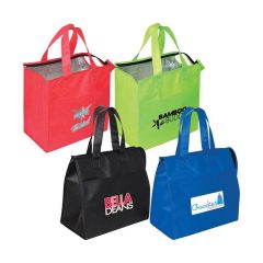 A custom logo non woven insulated grocery tote. The bag is black with a pink and white custom print.