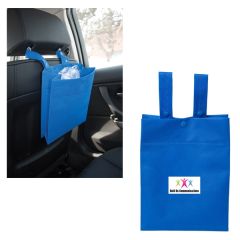 two images of royal blue car litter tote bags one with a full colour logo and one blank with an example of use hanging on the back of a car seat