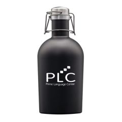 64oz black growler with silver accents and a white logo