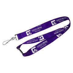 A purple custom printed polyester lanyard with white screen printing. It has a single safety break and a metal dog clip.