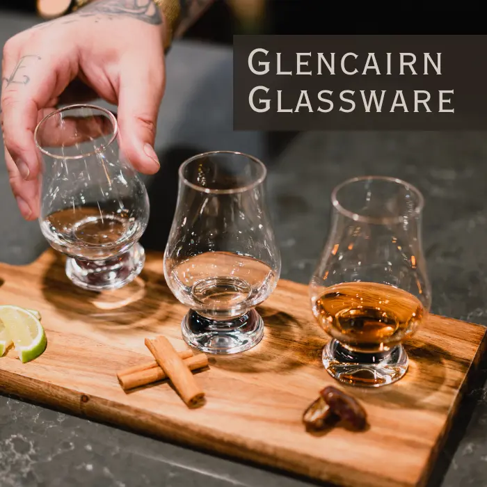 Glencairn custom glassware set up for drink making.