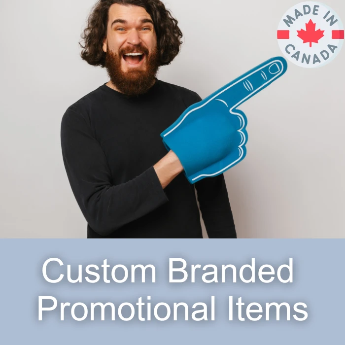 An excited Canadian discovering promotional products made in Canada.