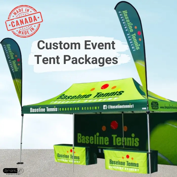 A custom event tent package option including flags and table covers.