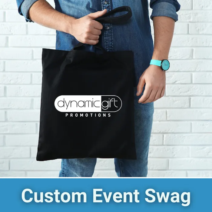 A custom tote with Dynamic Gift Canada’s logo printed on it to help showcase the effectiveness of branded event swag.