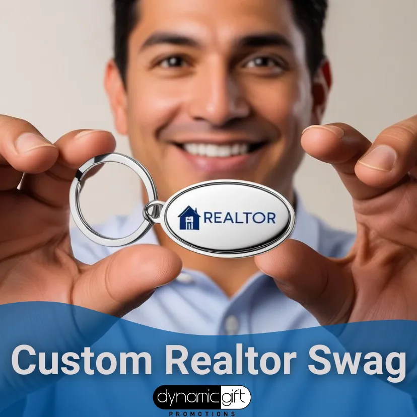 A realtor in Canada holds a promotional keyring for realtors in Toronto.