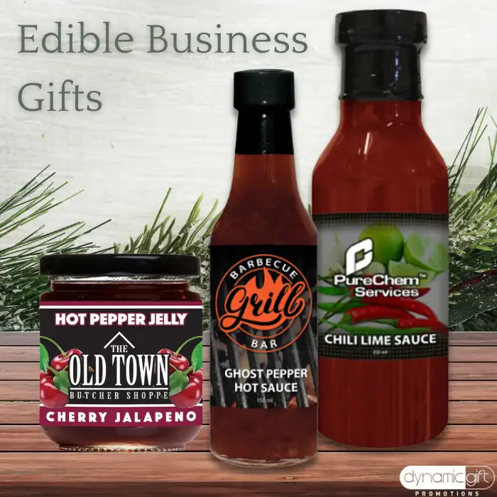 Promotional BBQ sauce and seasonings on display as edible business gifts from Dynamic Gift Canada.