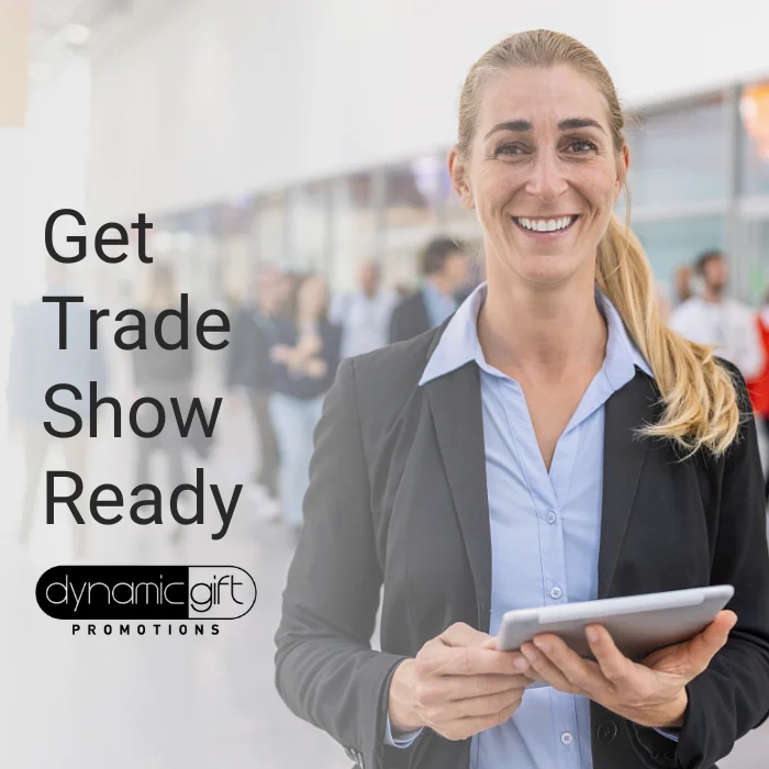 A woman at a trade show with a clip board.