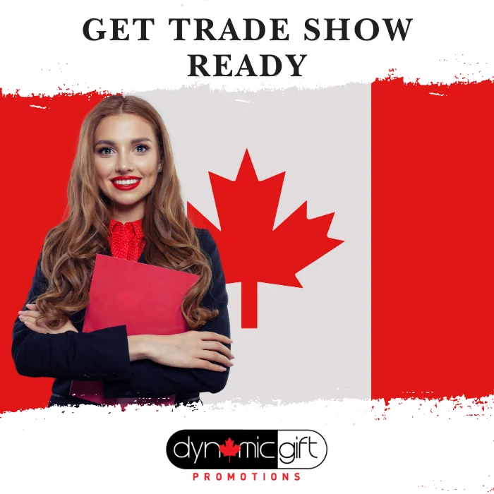 A businesswoman in front of a flag made in Canada.