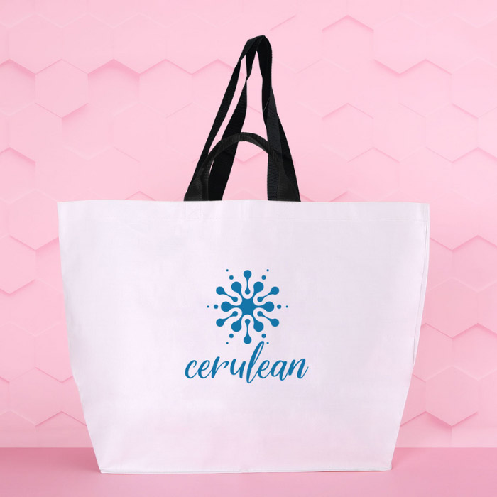 Large white shopper bag with double handles. There is a blue logo on the front of the tote.