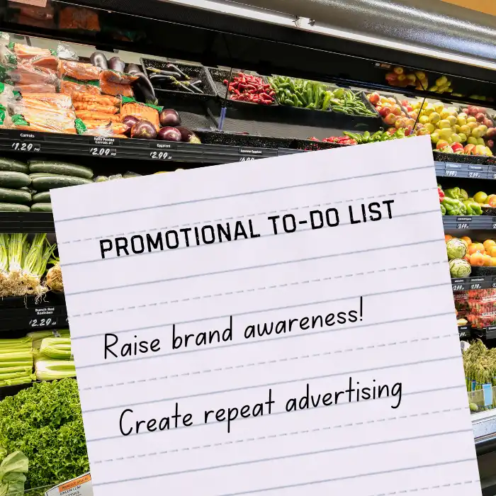 Promotional marketing ideas displayed in the style of a grocery store shopping list.