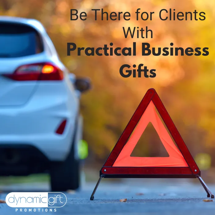 A car breakdown signified by a caution triangle from a promotional emergency kit given as branded business gifts.