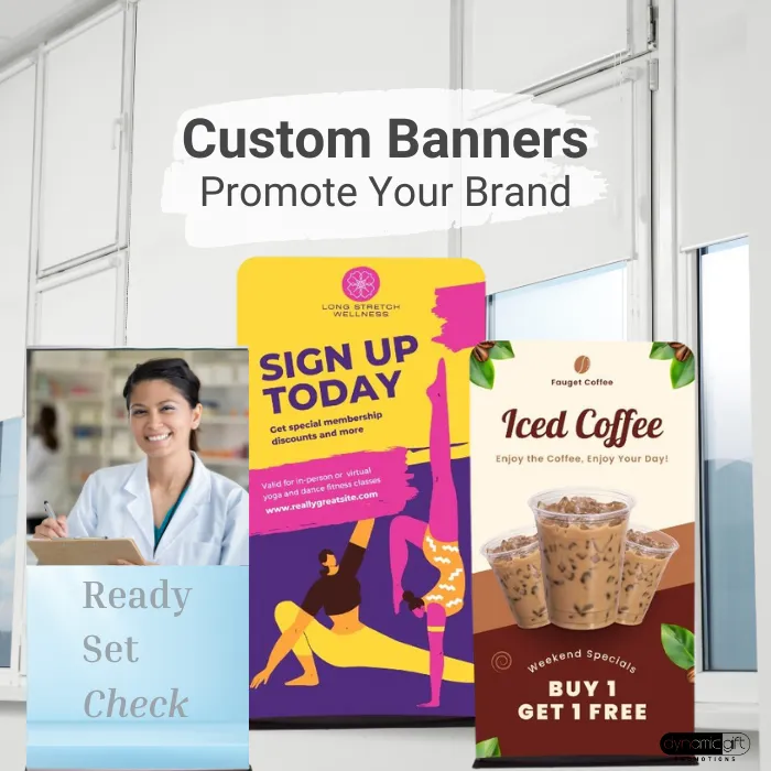 Various custom banners on display to promote different products and services.