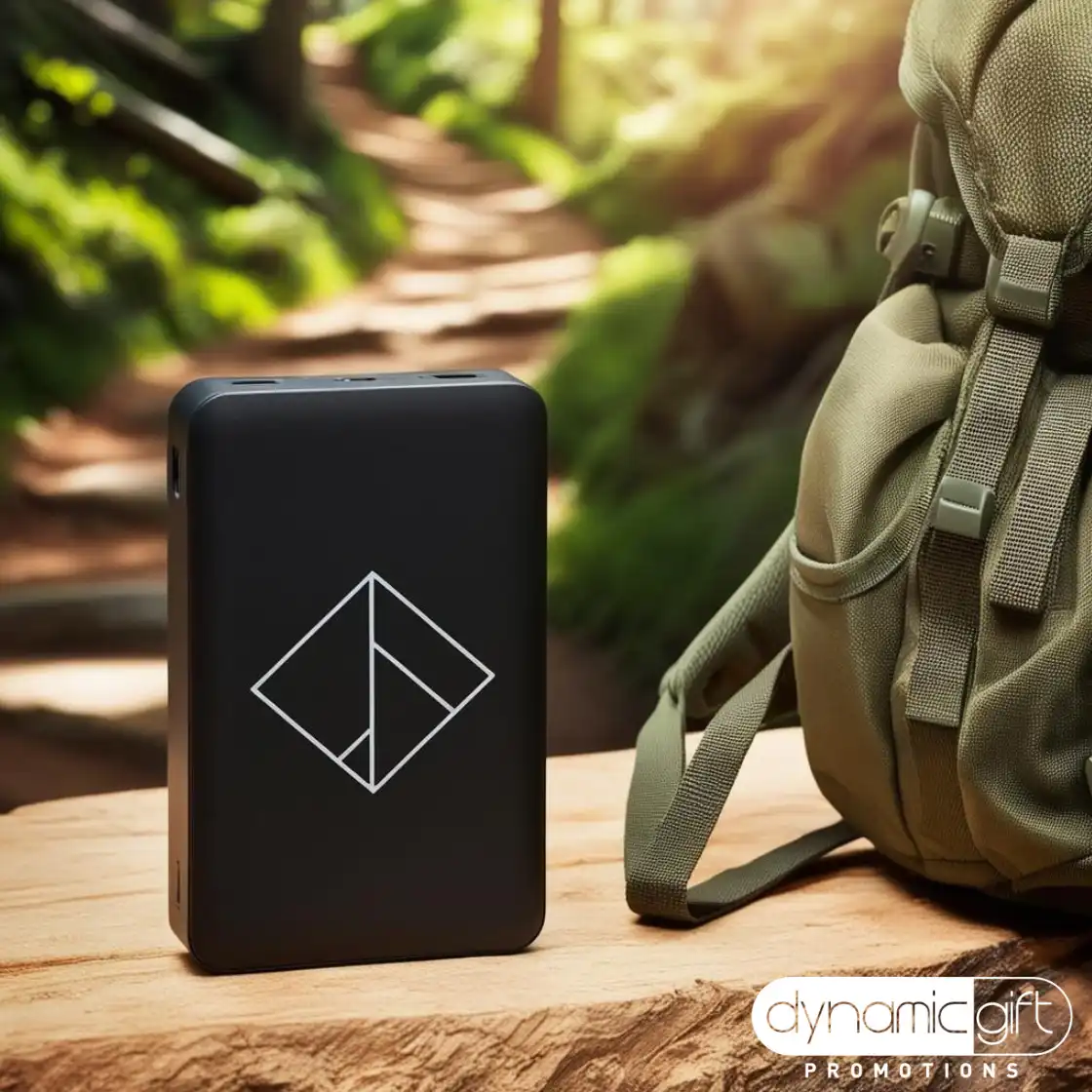 Power bank with logo beside a backpack while hiking a trail near Moncton, New Brunswick.