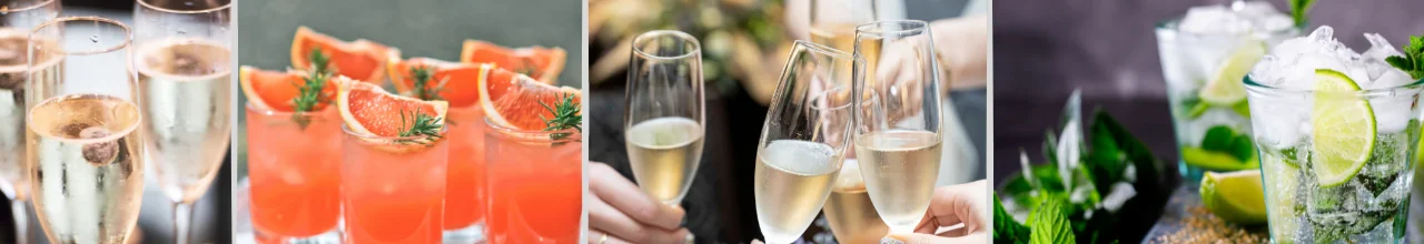 Promotional champagne and cocktail glasses filled with drinks to celebrate a successful corporate year.