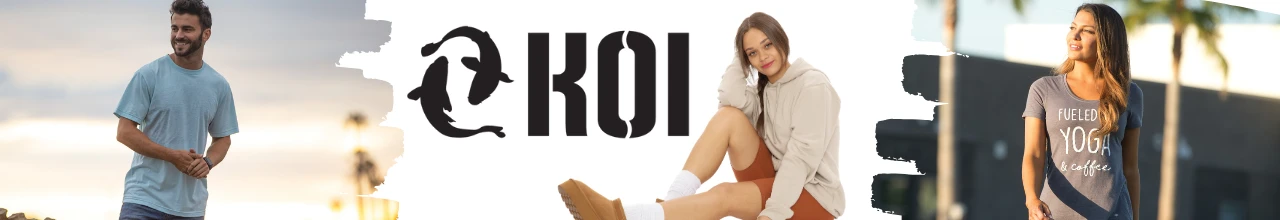 KOI promotional branded clothing for men and women being worn in Canada to showcase branding and comfortable apparel.