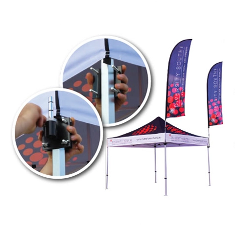 Custom printed flags mounted to your tent as an optional upgrade from Dynamic Gift Canada.