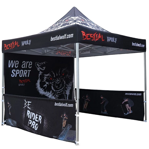 Custom printed full or half walls affixed to your tent as an optional upgrade from Dynamic Gift Canada.